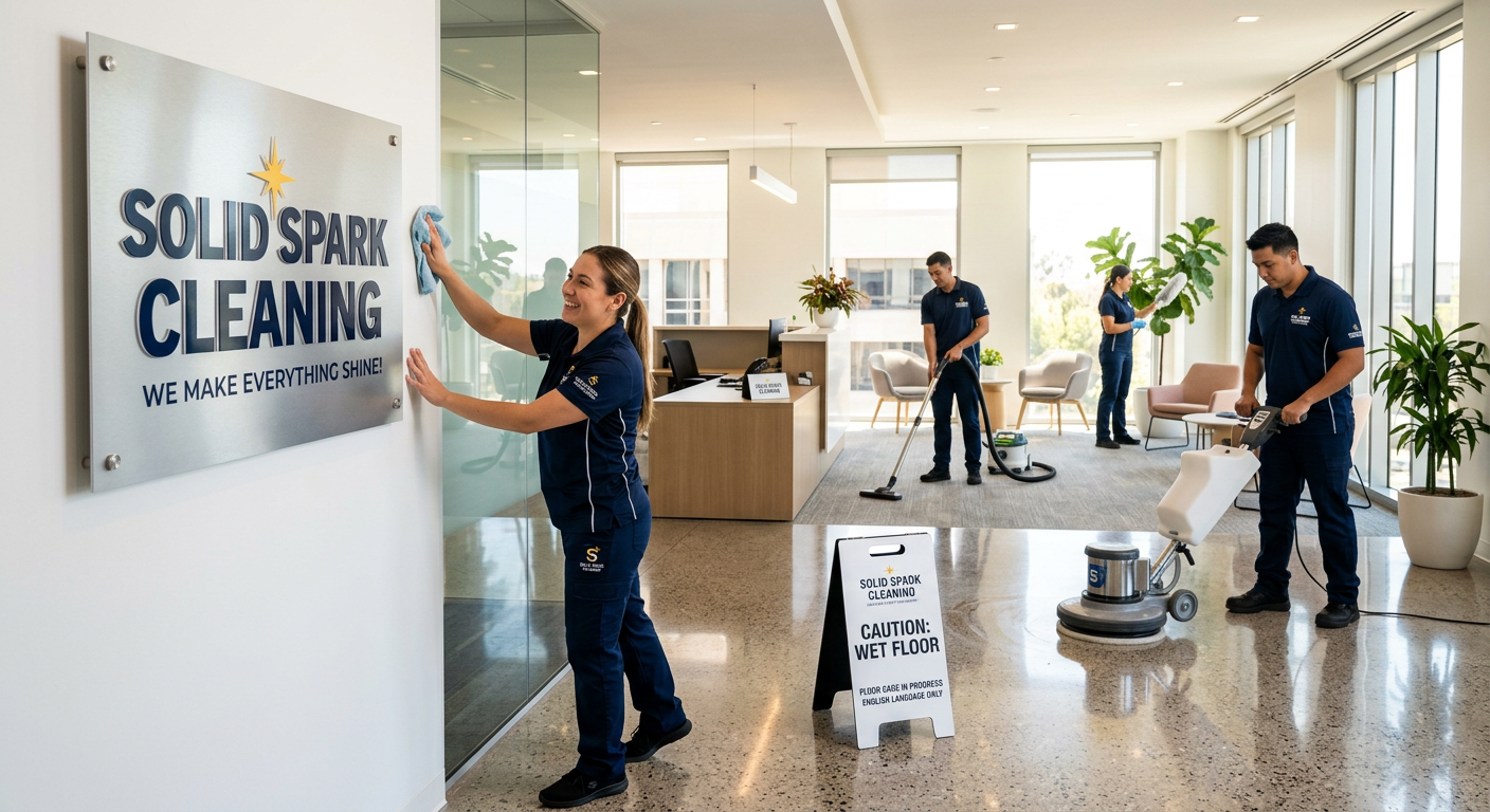 Solid Spark Cleaning team at work - professional cleaners in navy uniforms cleaning a modern office